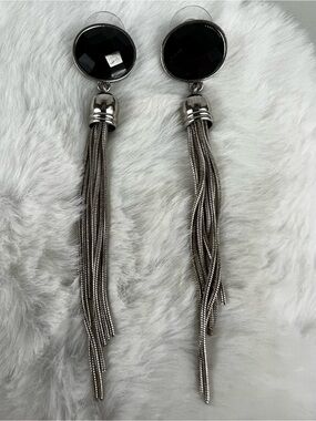 Vintage Style Silver Black Faceted Resin Tassel Drop Earrings